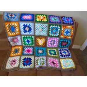 Handmade Granny Square Crochet Throw Blanket 84X80 Scalloped Black Afghan Multi